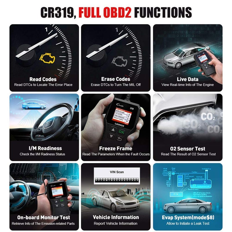 LAUNCH OBD2 Scanner Engine Fault Code Reader, CR319 Code Reader Scanner, CAN Diagnostic Scan Tool Supports DTC Lookup, Mode6 O2 Sensor for OBDII Protocol Cars Since 1996 Black - Image 2